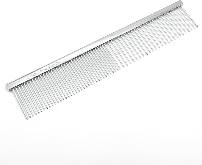 Chris Christensen 000 7.5 in. Greyhound Style Fine/Coarse Colored Butter Comb, Groom Like a Professional, Rounded Corners Prevent Friction and Breakage, Solid Brass with Steel Teeth, Chrome Finish
