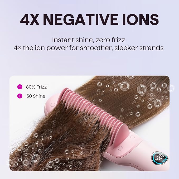 Wavytalk Hair Straightener Brush, Sleek Sweep Ionic Straightening Brush, Anti-Scald Ceramic Straightener Comb with LED Display for Super Smooth Hair, Dual Voltage, Pink.