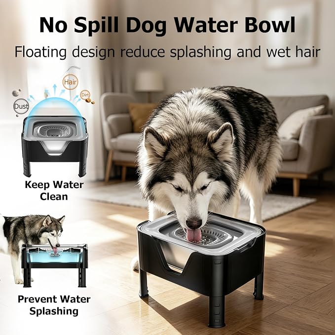 Elevated Dog Water Bowl 12L, 3.1Gal No Spill Water Bowl for Dogs with 4 Heights Adjustable Raised Dog Stand and 3 Filters Stainless Steel Dog Bowls with Anti-Mat for Large Dogs and Multi Pets