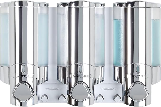 Better Living Aviva Shower Dispenser 3 Chamber,Wall Mount Shower Soap Pump Dispenser for Bathroom Hotel Body Wash,Built-in Hooks,No Drill,Waterproof Shampoo SoapDispenser 3 x 11 oz,Chrome (Pack of 6)