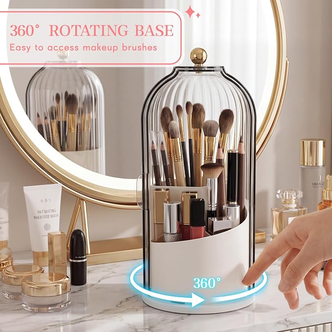 Novabright 4 Pack Makeup Brush Holder with Lid 360° Rotating Makeup Brush Organizer with 3 Compartments Dustproof Cosmetic Storage for Vanity Bathroom Countertop(Transparent Black)