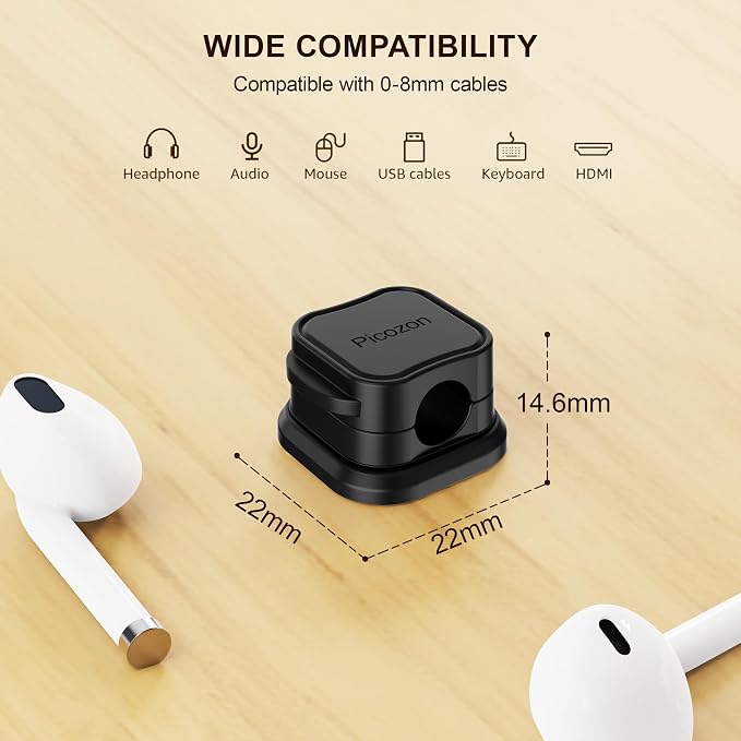 6 Pack Magnetic Cable Clip Organizer Cord Holder, Picozon Adhesive Cable Management, Wire Phone USB Charger Cable Holder, Keeper Organizer for Office Home Desktop Table - Black
