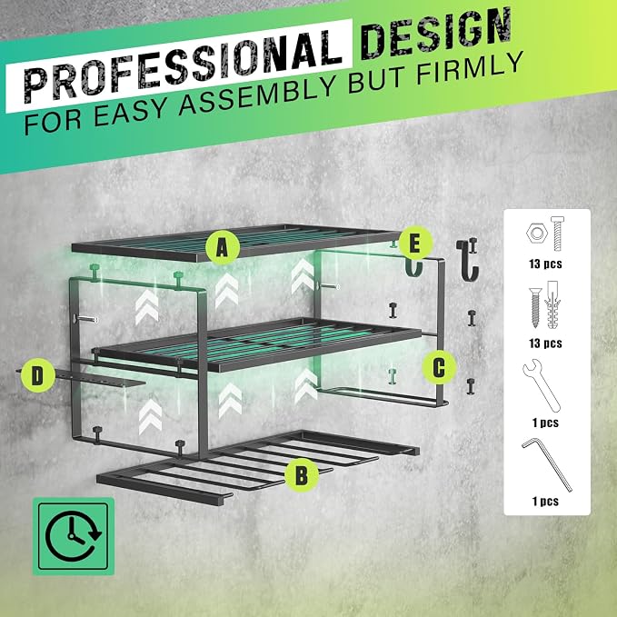 SUNALLY 3-Tier Heavy Duty Steel Power Tool Organizer, Matte Black, 3 Layers Tool Rack Cordless Drill, Floating Shelf Wall Mounted, 4 Drill Holders