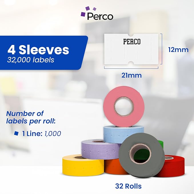 Custom Price and Date Labels - 32,000 Price Marking Labels for Perco Lite, X, Plus and Perco Pro 1 Line Guns - Choose Color, Font and Imprint - 32 Rolls, 4 Sleeves - Made in USA