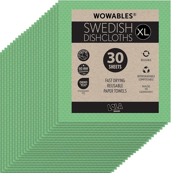 Swedish Dishcloths for Kitchen XL, 30 Sheet Roll, Biodegradable & Compostable, Reusable Paper Towel Cleaning Cloths, 11" x 10", No Odor, Washing Dishes, Ultra Absorbent Cellulose Sponge Towel, By LOLA