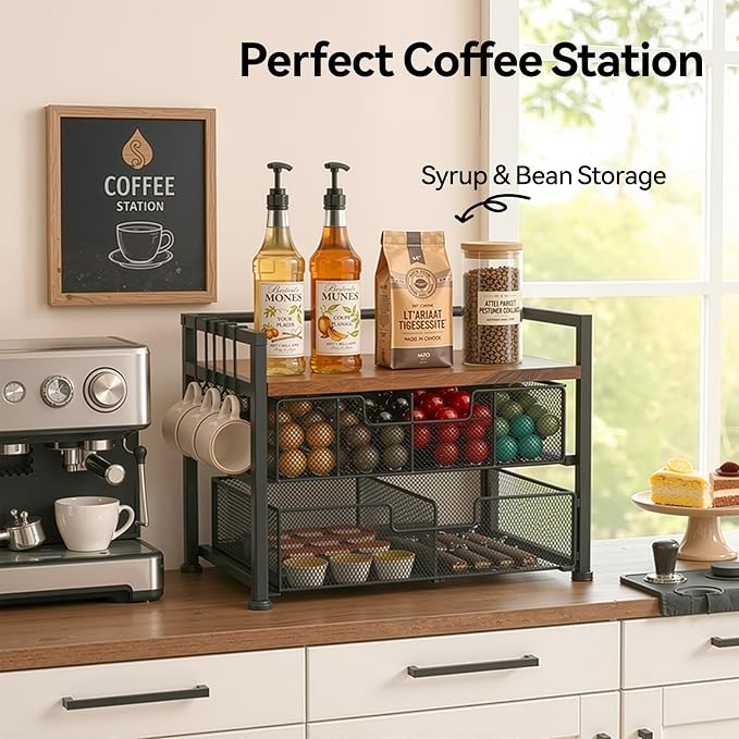 Beslands Tea Bag Organizer & Coffee Station, Matcha Kit Storage, 2 Drawers Tea Bar Tea Box Kitchen Shelf for Countertop, Teabag holder with 4 Hooks, Matcha Tea Station
