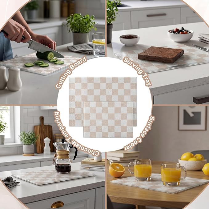 Thenshop Set of 2 Tempered Glass Cutting Boards Beige Check Countertop Cutting Boards Heat Resistant, with Non-slip Feet for Kitchen Counter Housewarming Wedding Gift 7.9x11inch+11x15 Inch