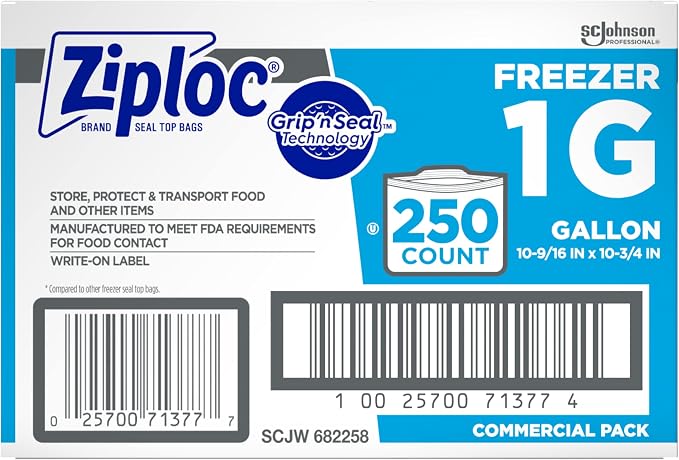 Ziploc Gallon Food Storage Freezer Bags, Grip 'n Seal Technology for Easier Grip, Open, and Close, 250 Count (Pack of 8, 2000 Count Total)