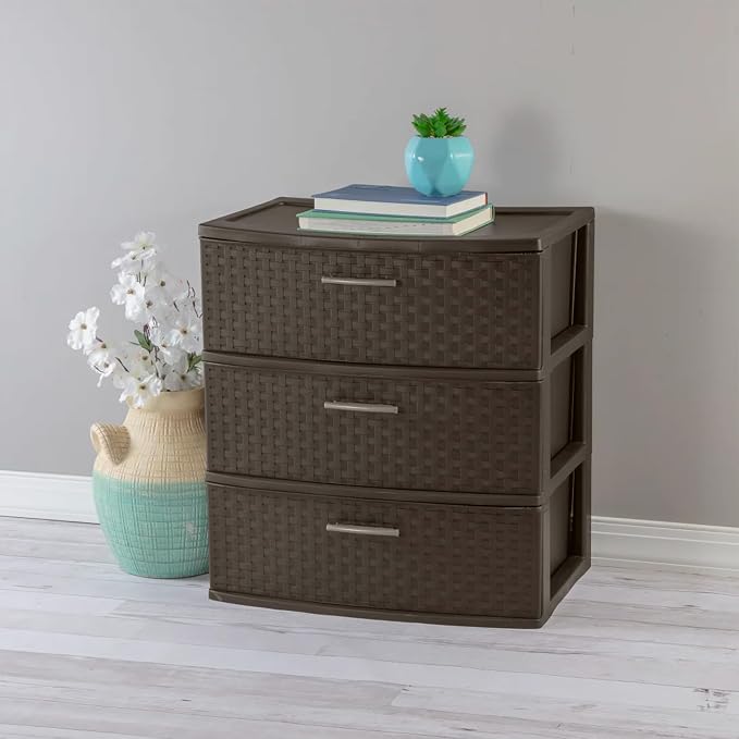 Sterilite 2 Pack 3 Drawer Wide Storage Tower, Weave Organizer, Espresso | Lightweight Opaque Home Organization Container for Bedrooms, Closets, or Bathrooms