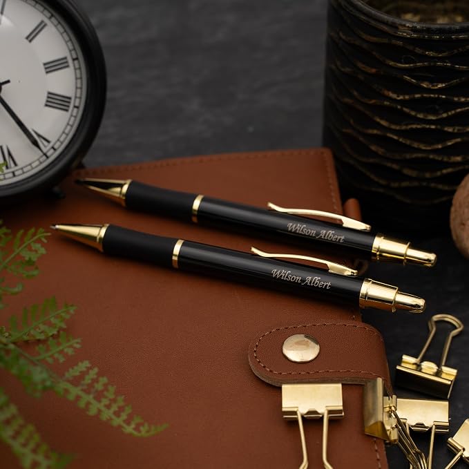 Dayspring Pens Monroe Pen and Pencil Set, Black Lacquer with Gold Accents, Custom Engraved — Graduation, Promotion, Anniversary, or New Job Gift