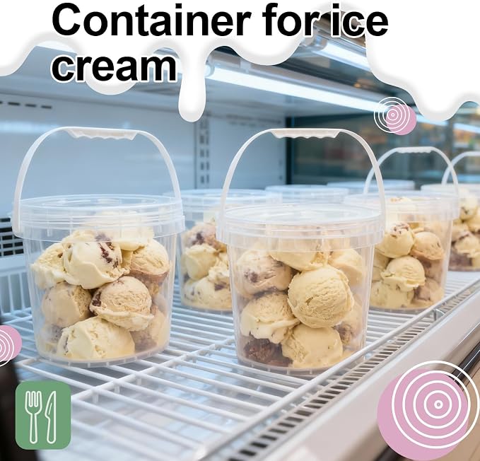 4 Pack 1 Gallon Food Grade Plastic Buckets with Screw Lids & Handle, Reusable Storage Containers for Snacks, Salad, Sauce - Clear Freezer Safe Bucket Set