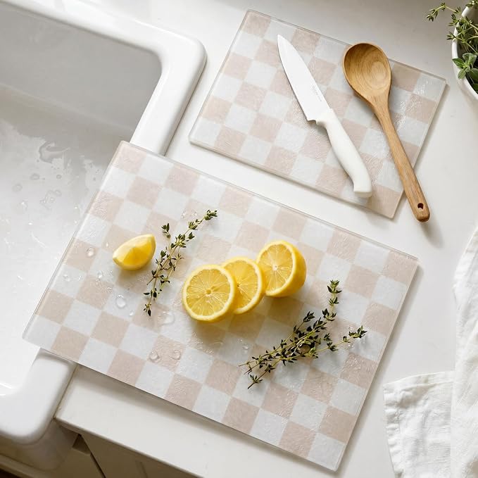 Thenshop Set of 2 Tempered Glass Cutting Boards Beige Check Countertop Cutting Boards Heat Resistant, with Non-slip Feet for Kitchen Counter Housewarming Wedding Gift 7.9x11inch+11x15 Inch