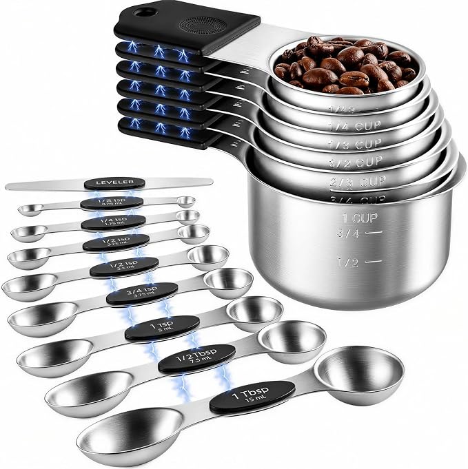 Magnetic Measuring Cups and Spoons Set - 304 Stainless Steel | Dual-sided Design | Set of 15 with Leveler | Strong N52 Magnetic Nesting Design | for Dry & Liquid Ingredients (Black)