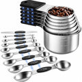 Magnetic Measuring Cups and Spoons Set - 304 Stainless Steel | Dual-sided Design | Set of 15 with Leveler | Strong N52 Magnetic Nesting Design | for Dry & Liquid Ingredients (Black)