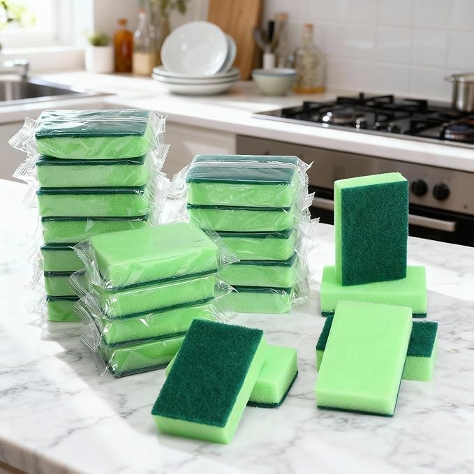 Tioncy 100 Pcs Individually Wrapped Sponges Bulk Kitchen Green Non Scratch Scrub Sponges Dual Sided Cleaning Scrubber for Household Washing Dishes, Pots, Pans, Sinks, Stoves, Appliances, Car, Bike