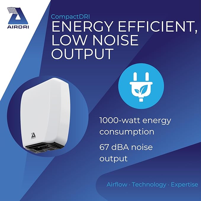 CompactDRI Automatic Hand Dryer - 1.0kW Low Noise Motor - 15-Second Dry Time - 70dBa Noise Output - ADA Compliant - Ideal for Commercial Spaces and Public Facilities - White