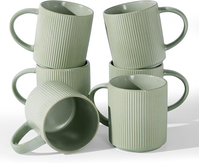 famiware Coffee Mug Set for 6, Star 16 oz Catering Mugs Cup Set with Handle for Coffee, Tea, Cocoa, Milk - Ceramic Stoneware Drinkware Set, Matte Green
