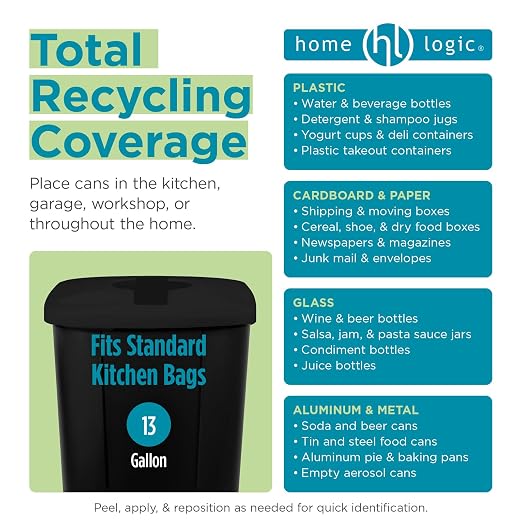 Home Logic Recycling Bin System, 3 Pack Waste Sorting Containers with Stickers, Plastic Trash Cans for Kitchen Garage Home Recycling Organization, 13 Gallon, Black