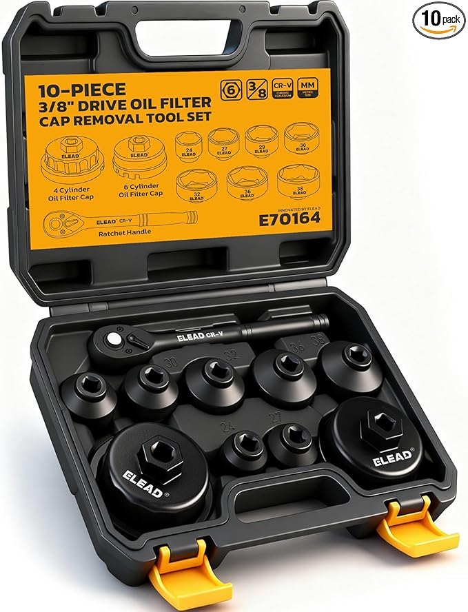 ELEAD 10-Piece Oil Filter Socket Wrench Set, 3/8" Drive Metric Cap Oil Filter Removal Tool, Low Profile Filters Socket Set with Ratchet Wrench Handle, Oil-change Kit Compatible with Toyota BMW Honda