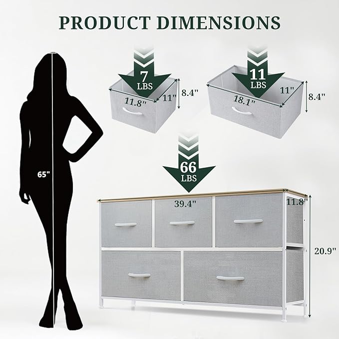 5-Drawer Dresser for Bedroom, Anti-Tip Wide Storage Organizer Fabric Chest of Drawers TV Stand for 45" TV with Wooden Top and Metal Frame for Closet, Living Room, Hallway, Entryway, Light Gray