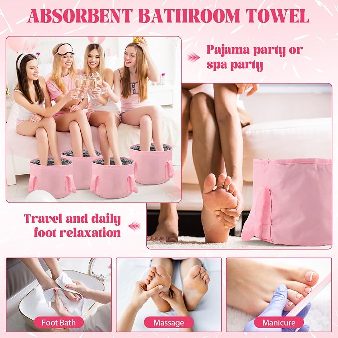 FillTouch 12 Set/ 24 Pcs 15L Foldable Foot Soaking Tub Kit Portable Foot Bath Tub for Soaking Feet with Towel and Storage Bag Soak Spa Bucket for Travel Camping (Pink)