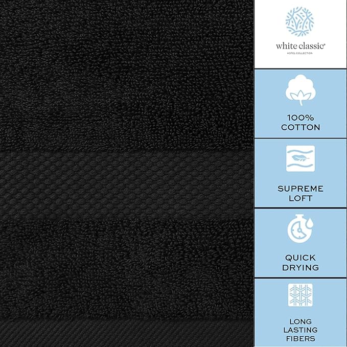 White Classic Luxury Black Bath Towels Extra Large | 100% Soft Cotton 700 GSM Thick 2Ply Absorbent Quick Dry Hotel Bathroom Towel | 27x54 Inch | Black | Set of 4