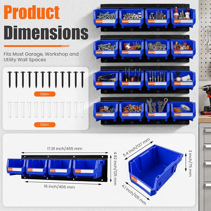 16pc Wall-Mounted Storage Organizer Set with Metal Rails Blue | Heavy duty tool organization box with metal rails. Ext 5"x4"x3" for garage screws nuts bolts.