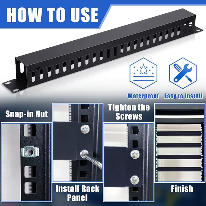8 Pieces 19 Inch Cable Manager 1U 24 Slot Horizontal Server Rack Mount Cable Management Organizer Raceway Metal Finger Duct with Cover and Screw for Wire Network Wall Cord, Black
