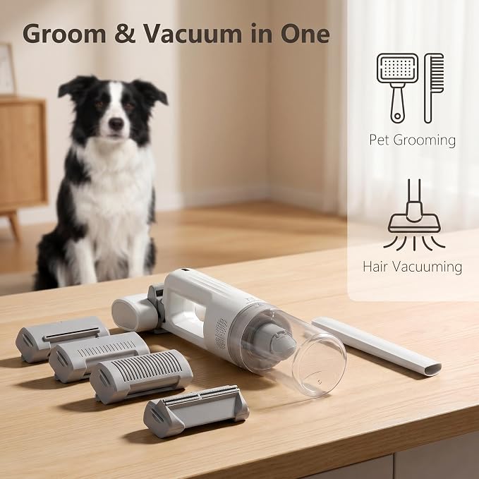 Deshedding Brush with Vacuum Suction, 5-in-1 Pet Hair Removal Tool for Dogs Cats, Cordless Undercoat Rake Removes Loose Hair, 9Kpa Pet Vacuum Cleaner for Furniture Carpet (white bag)