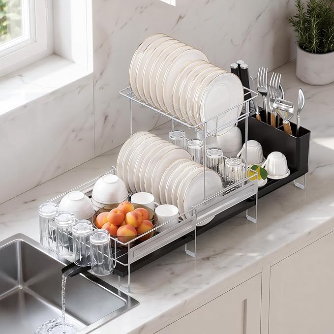 Delamu 2 Tier Dish Drying Rack, Large Dish Racks for Kitchen Counter, Stainless Steel Multifunctional Dish Drainer with Cutlery & Cup Holders, Extendable from 13.4 to 28.7 in, Black