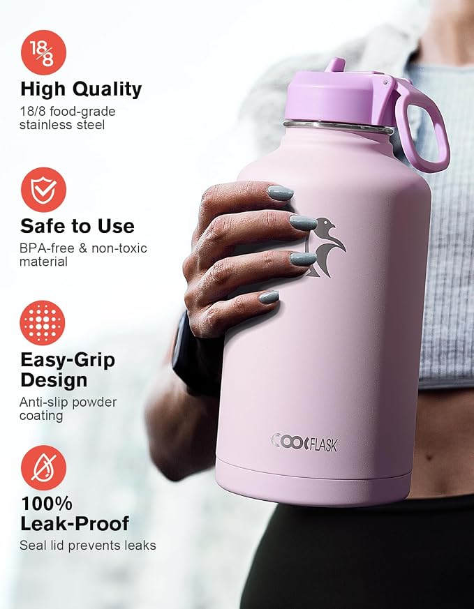 Coolflask Half Gallon Water Bottle Insulated with Straw & 3 Lids, 64 oz Water Jug Large Metal Stainless Steel Wide Mouth for Sports, Gym or Office, Non-BPA Keep Cold 48H Hot 24H, Pink