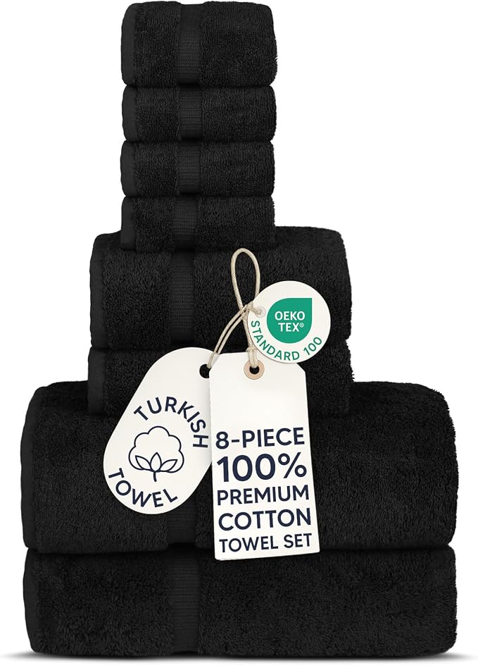 Chakir Turkish Linens Set of 8 Towel Set, 100% Cotton Luxury Turkish Towels for Bathroom, Soft Absorbent Bath Towel Set with 2 Bath Towels 2 Hand Towels 4 Washcloths, Black
