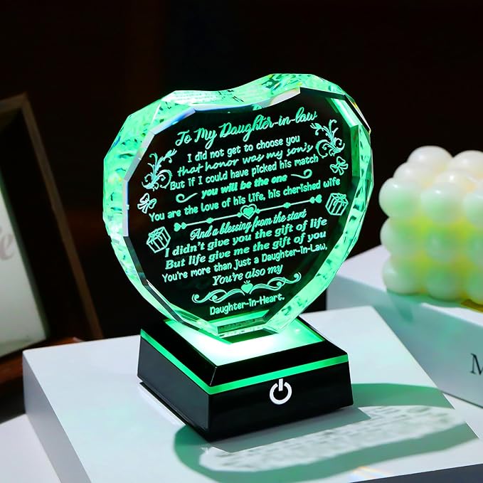 Arikyrist Mothers Day Daughter in Law Gifts Heart Crystal Keepsake with Colorful LED Light Base Daughter in Law Gifts from Mother in Law on Birthday Christmas Wedding Anniversary