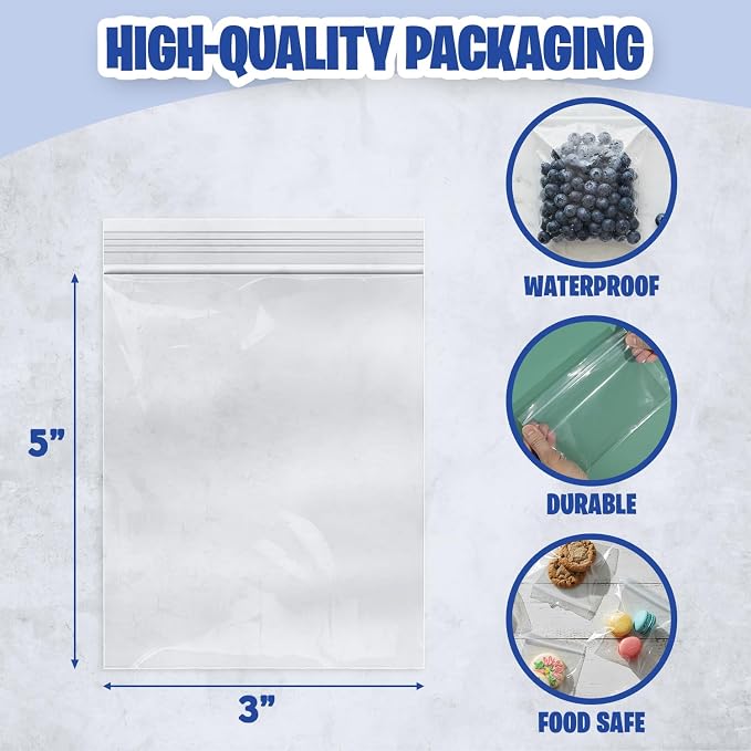 Seal Fresh 3" x 5" (1000 Count) 2 Mil Resealable Plastic Poly Bags — Clear Reclosable Zipper Seal Bags for Jewelry, Beads, Small Parts, Crafts, Party Favors