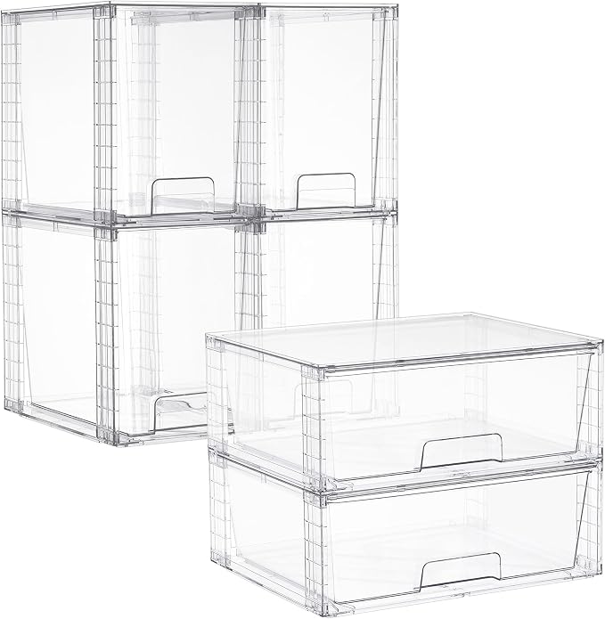 Vtopmart 6 Pack Stackable Storage Drawers, Easily Assemble Clear Plastic Organizer Bins, 2 Wide Drawers and 4 High Drawers for Under Sink, Pantry, Kitchen Cabinet, Bathroom Organization and Storage