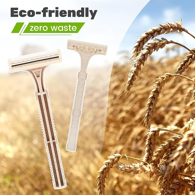 Eco-Friendly Wheat Straw Disposable Shave Kit - 50 Pcs Wheat Straw Razors and Shaving Cream(10g) Bulk, Individually Sealed for Hotel, Airbnb, Camping, Travel, Homeless, Shelters and Charities