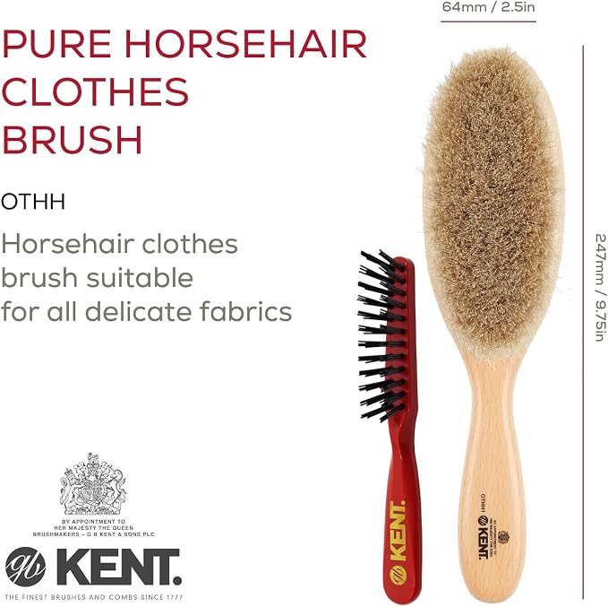 KENT OTHH1 Clothes Brush, 100% Natural Pure Horsehair in Japanese Style Lint Remover for Delicate Cashmere, Wool, and Silk to Keep Fabrics Free from Fibres, Fluff. Luxury Beechwood. Made in England