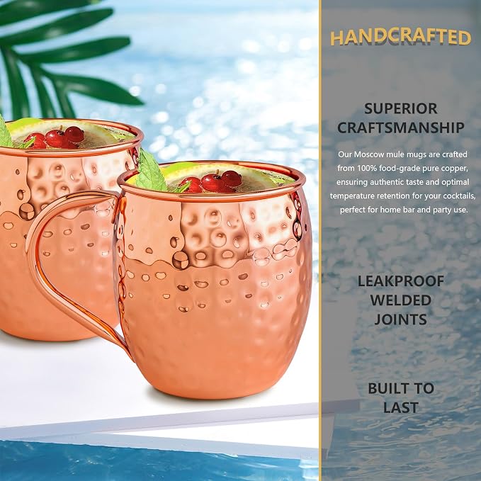 UNISWEET Moscow Mule Copper Mugs-100% Pure Copper Handmade, Classic Welding Handles, 16oz for Drinking, Premium Moscow Mule Copper Cups Set of 4 for Cold Drinks Cocktail Beer Wine Party Bar