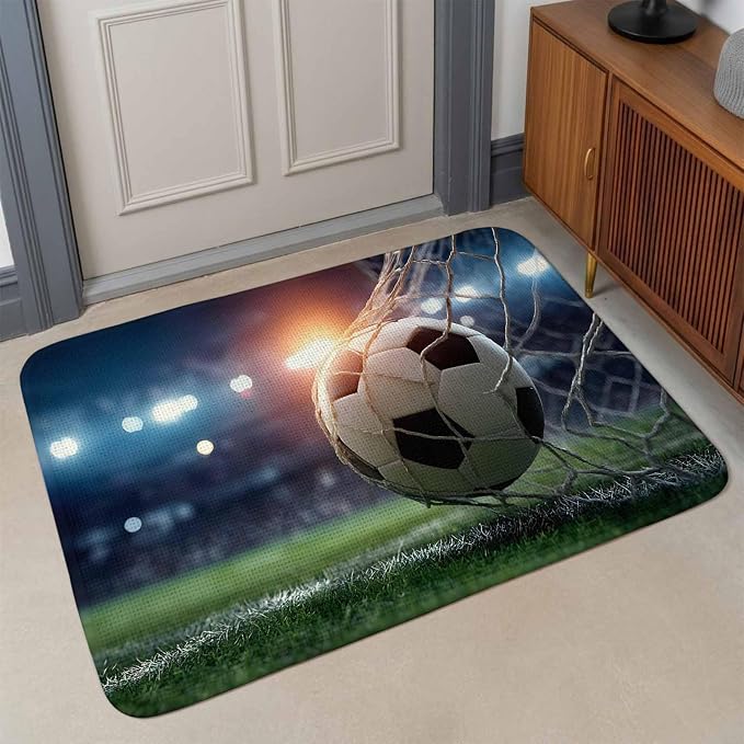 Football Washable Area Rugs for Living Room Bedroom, Large Non Slip Indoor Floor Carpet Absorbent Low Pile Goal Net Soccer Sports Orange Blue Green Door Mat Rugs for Bathroom Entryway 47.2"x63"