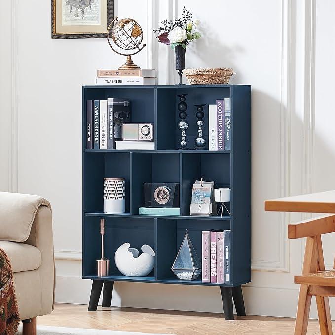 LEYAOYAO Cube Bookshelf, Mid-Century Modern Book Shelf with Legs, Dark Blue | 3 Tier Bookcase, Rustic Wood Bookshelves Freestanding Small Storage Organizer, Open Shelves for Bedroom, Living Room, Office