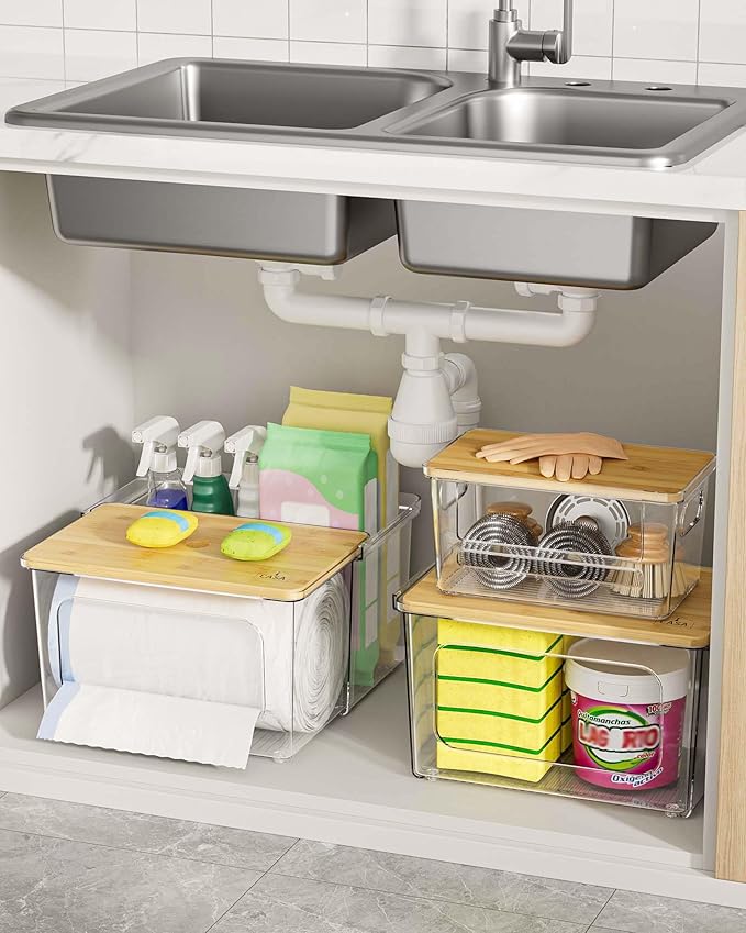 iCASA 3 in 1 Trash Bag Dispenser Under Sink Kitchen Garbage Bags Organizer | Trash Bag Holder with Bamboo Lid, Holds up to 100 Count, 13/30/33 Gallon Bag Roll, Pantry, Laundry Room Storage Organization