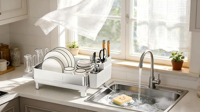 Dish Drying Rack, 304 Stainless Steel Dish Racks for Kitchen Counter | Dish Drainers with Automatic Drainage, Utensil Holder & Cups Holder, Space Saving Kitchen Organizer, White