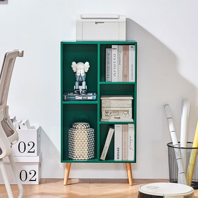 LEYAOYAO 5 Cube Bookshelf,Mid-Century Modern Bookcase with Legs,Dark Green | 3 Tier Book Shelf,Rustic Wood Bookshelves Freestanding Small Storage Organizer, Open Shelves for Bedroom, Living Room, Office