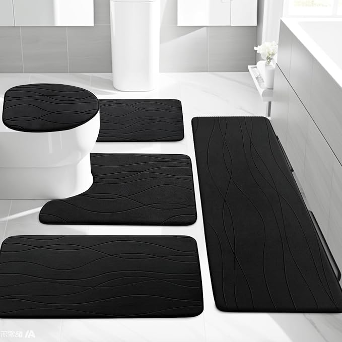 YIHOUSE Bathroom Rugs Set 5 Piece, Memory Foam Bath Mat Black | Ultra Soft, Absorbent, Non-Slip, Machine Washable, for Bathroom, Sink and Toilet