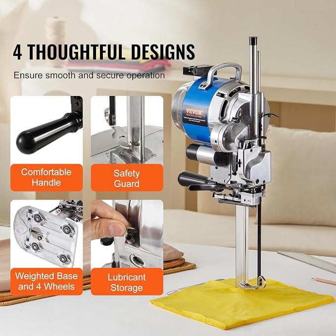 VEVOR Fabric Cutter, 750W High-Speed Straight Knife Cloth Cutting Machine, 9.8" Alloy Steel Blade, Industrial Fabric Cutting Machine with Automatic Knife Sharpen, for Multilayer Fabric Leather Cloth