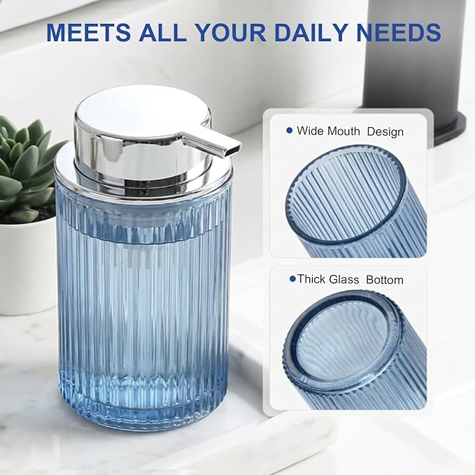 KASUNTING Blue Glass Foaming Soap Dispenser, Ribbed Foam Hand Soap Dispenser for Bathroom, 11 Fl Oz Refillable Foaming Pump Bottle with Black Pump, Modern Dish Soap Foam Dispenser