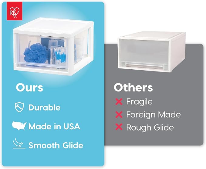 IRIS USA 6 Qt. Small Plastic Stacking Drawer, Stackable Storage Organizer Unit with Sliding Drawer for Bedroom Kitchen Under Sink Pantry Craft Room Dorm Office, White, 8-Pack