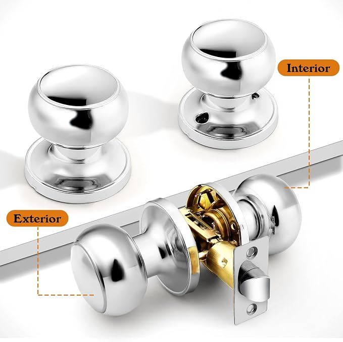 Probrico Polished Chrome Passage Door Knob, Interior Door Lock for Hallway Closet, Keyless Round Ball Knob Handle, No Locking, 1 Pack