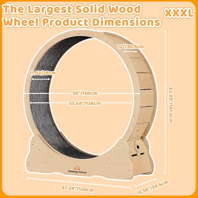 Homegroove XXXL Giant Cat Wheel, 59"/150cm Extra Large Cat Exercise Wheel for Maine Coon & Large Cats - Spinal Alignment Design, Solid Wood Cat Treadmill with Safety Lock & Anti-Pinch Gap