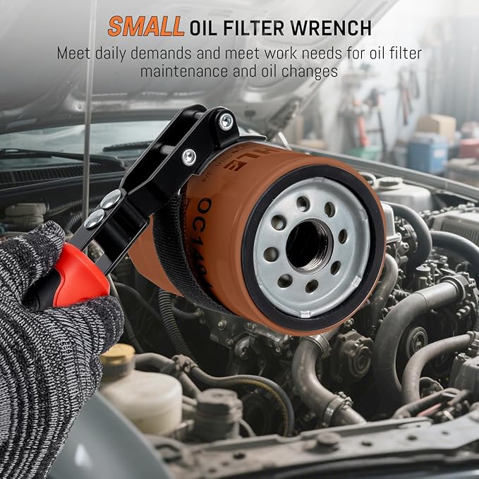 Small Oil Filter Wrench, Oil Filter Removal Tool Fits Filters 2-3/4" to 3-1/4", with Nylon Anti-Slip Strap & 180° Swivel Head, Steel Band Filter Wrench for Compact Car Motorcycle Oil Change